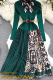 Znbbw 2023 Autumn Winter Fashion Runway Vintage elastic Knitted Dress Women Long Sleeve Patchwork Pleated Belted Midi Dress