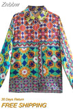 Znbbw Spring 2023 Women Vintage Print Shirt Long Sleeve Single Breasted Blouse Chic Female Satin Tops Blusas Mujer 202306
