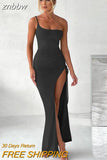 znbbw One Shoulder Strap Thigh High Split Maxi Dress For Women Robe Sleeveless Backless Bodycon Sexy Club Party Long Dress