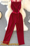 Znbbw Women Summer Jumpsuits Self-cultivation Fashionable Jumpsuit Round Neck Lace Panel Waist Tight Straight Jumpsuit Long Pant D2729