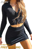 Znbbw Two Piece Set 2023 Autumn Knitted Button Long Sleeve Crop Top+Mini Bodycon Skirts Casual Women Party Tracksuits Outfits