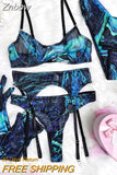 Znbbw Tie Dye Lingerie With Stocking Sleeve Sexy Fancy Underwear 5-Piece Uncensored Intimate See Through Mesh Sensual Outfits