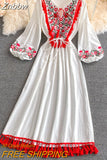 Znbbw Ethnic Style New Embroidery Tassel Lace Cotton and Linen Vestidos Female V-neck Puff Sleeve Large Midi Dress GK857