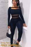 Znbbw Women Autumn Winter Long Sleeve Bodycon Mesh See Brown Through Jumpsuit Overalls 2023 Fall Clothes Wholesale Items