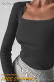 Znbbw Square Neck Long Sleeve T Shirts Women Knitted Autumn Winter Black Ribbed Basic Top Female Sexy Casual Slim Shirt