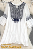 Znbbw Temperament Loose Ethnic Style Embroidered Dress Cotton Linen Holiday Vintge Dresses Women D1445