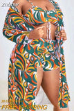 znbbw Printing Bandage Plus Size 3 Piece Swimsuit Summer Outfits For Women 2023 Sexy Long Sleeve Cover Ups Beach Vacation Wear