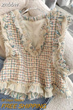 znbbw Tweed Vest Slim Crop Tops Autumn Colete Feminino V Neck Knitted Plaid Vest Sweater French Waistcoat Ruffled Blouse