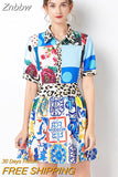 Znbbw Runway Blue And White Porcelain Printed Beach Set Women Flower Short Sleeve Print Tops + Mini Skirt 2 Piece Set N8427