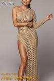 Znbbw New Knitting Long Dress Women One Shoulder Maxi Dress Sexy Hollow Out High Split Club Party Dresses Sweater Vestido