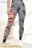 Znbbw Tie Dyed Hollowed Out Yoga Pants High Waist Quick Drying Sport Leggings Tight Lifting Hip Fitness Gym Leggings