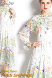 Znbbw New Spring Runway Floral Holiday Chiffon Dress Women's Flare Sleeve Vintage Print Big Swing Multi-Level Cake Long Dress