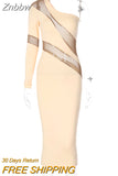 Znbbw Mesh See Through Patchwork Midi Dress For Women Robe Autumn New One Sleeve Backless Bodycon Long Dress Vestido