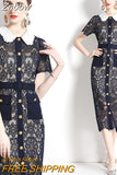 Znbbw Designer Luxury Hollow Out Midi Lace Dress Women Summer Short Sleeve Metal Buttons Belt Pockets Party Vestidos N6915