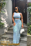 znbbw Sexy Mesh See Through Print Three Piece Skirt Set Club Outfit For Women 2023 Summer Fashion Sleeveless Crop Top Skirtset