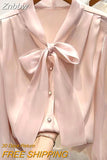 Znbbw Fashion Bow Collar Pink White Chiffon Blouse Shirt Women Tops Shirts Blusas Mujer De Moda 2023 Long Sleeve Blouse Women G795