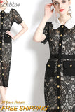 Znbbw Designer Luxury Hollow Out Midi Lace Dress Women Summer Short Sleeve Metal Buttons Belt Pockets Party Vestidos N6915