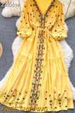 Znbbw Summer Bohemian Dress Retro Ethnic Style Embroidery V-neck Waist A-line Seaside Holiday Swing Long Vestidos Dress G12