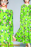 Znbbw 2023 Autumn Designer Runway Long Maxi Dress Women's O-Neck Long Puff Sleeve Green Floral Print Holiday Party Dress N8617