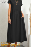Znbbw Women Elegant Solid Dress Summer Vintage O-Neck Short Sleeve Pocket Mid-Calf Length Dress Female Casual Loose Midi Dresses Robe