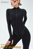 Znbbw Autumn Sexy Bodycon Playsuit Women Jumpsuit O Neck Short Sleeve Zipper Bodysuit Female Elegant Slim Playsuits Rompers