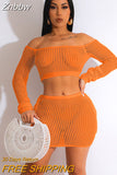 Znbbw Knitted Hollow-out Two-piece Set Sexy Women Long Sleeve Crop Top Slim Mini Skirt Outfit Summer Beach Holiday Sunscreen Suit