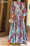 Znbbw Women Casual Swing Boho Dresses Vintage Tie-dyed Printed Chiffon Dress Fashion V-neck Lantern Sleeve Holiday Long Dress