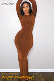 znbbw Autumn Solid Ribbed Bodycon Maxi Dresses Club Outfit For Women 2023 Long Sleeve O Neck Party Long Dress Female Dress