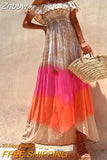 Znbbw Backless Bohemian Dress New Summer Gradient Tie Dye Printed Long Dresses Casual Holiday Women Slash Neck High Waist Dress