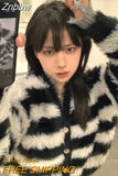 Znbbw Harajuku Striped Knitted Cardigan Women Vintage Grunge Hollow Out Cropped Sweater Retro V-neck Loose Knitwear Tops Kpop