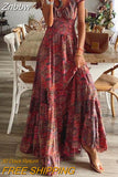 Znbbw Women Floral Print Elegant Dress Summer Casual V-neck Pleated Vintage Bohemian Long Dresses Female Big Swing Holiday Maxi Dress
