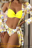 Znbbw Women Gauze Floral Printed Bikini Swimwear Set Full Sleeve Cover Up Three Pieces Sets 2023 Fashion Summer Beach Bathing Suit