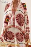 Znbbw Loose Boho Outfits Vintage Pattern Printed Two Piece Set Fashion Stand Neck Batwing Sleeve Shirt+Long Pants Women's Suits