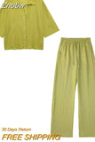 Znbbw TRAF Summer Women Pant Set Solid Straight Pants 2 Pieces Set High Waist Pant for Female Lace Up Kimono Pants Suit