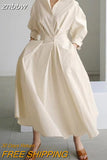 znbbw New Oversized Elegant Women Spring Sundress Fashion Lapel Neck Long Sleeve Solid Long Shirt Dress OL Vestidos Robe Femme