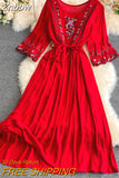 Znbbw Dress New Holiday Bohemian Dress Ethnic Style Cotton Linen Embroidery Lace Waist O- Neck Flared Sleeve Dress GD702