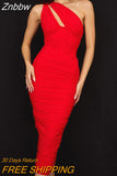 Znbbw High Quality Mesh One Shoulder Backless Midi Dress For Women Fashion Hollow Out Sleeveless Ruched Long Dress Vestido