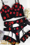 Znbbw Fairy Sexy Lingerie Luxury Lace Outfits Floral Beautiful Underwear 4-Piece Bra Padded Fine Romance Bilizna Set Of Sex