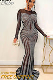 Znbbw Women Sexy Mesh See Through Rhinestone Maxi Dress Female Full Sleeve Night Clubwear 2023 New Fashion Floor-length Dresses