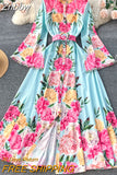 Znbbw Designer Fashion Vintage Floral Print Maxi Long Party Dresses Women Stand Collar Flare Sleeve Largo Vestidos Robes