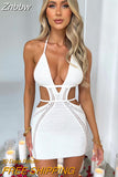 Znbbw Hollow Out Halter Sexy Mini Dress Women Summer New Sleeveless Backless Skinny Club Party Knit Tank Dress Vestido