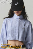 znbbw 2023 Summer Streetwear Long Sleeve Striped Women Cropped Shirt Button Stand Neck Embroidery Ladies Blouse Female Clothing