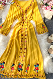 Znbbw Winter Women Dress Vacation Beach Sunscreen Long Dress Bohemian Ethnic Retro Embroidered Dress with Flared Sleeves D1821