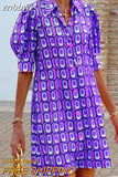 znbbw Turn-Down Collar Check Print Party Dress Female Loose Casual Shirt Dress Vestidos Bohemian Women Short Sleeve Mini Dress