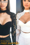 Znbbw Elegant Lace Crop Tops Women Long Sleeve Hollow Out Turtleneck Slim Skinny Club Party Fashion Vintage Short T Shirts Tee