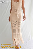 Znbbw Kintted Sexy Bodycon Dress for Women 2023 Summer Sleeveless White Club Party Long Dress Crochet Bikini Cover Up