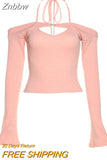 Znbbw Fashion Elegant Women T-Shirts Solid Knit Slim Stretch Halter Flare Sleeve Two Piece Top Female Streetwear Sweet Cute