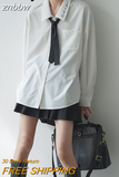 znbbw 2023 Spring Minimalist Long Sleeve Embroidery Shirt Women Korean Style Solid Tie Oversize Shirts Blouse Loose JK Tops