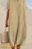 Znbbw V-neck Short Sleeve Pleated Long Dress Simple Solid Color Loose Women Dress 2023 Summer Beach Cotton Linen Dress Vestidos