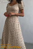Znbbw Vintage Puff Sleeve Floral Dress Women Side Split Long Dress Female Boho Beach Holiday Dress Retro Print Sundress Vestido